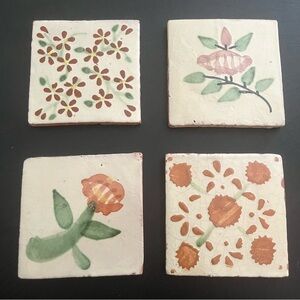 Mexican Hand Painted Terra-Cotta Talavera Vintage Tiles Set of 4